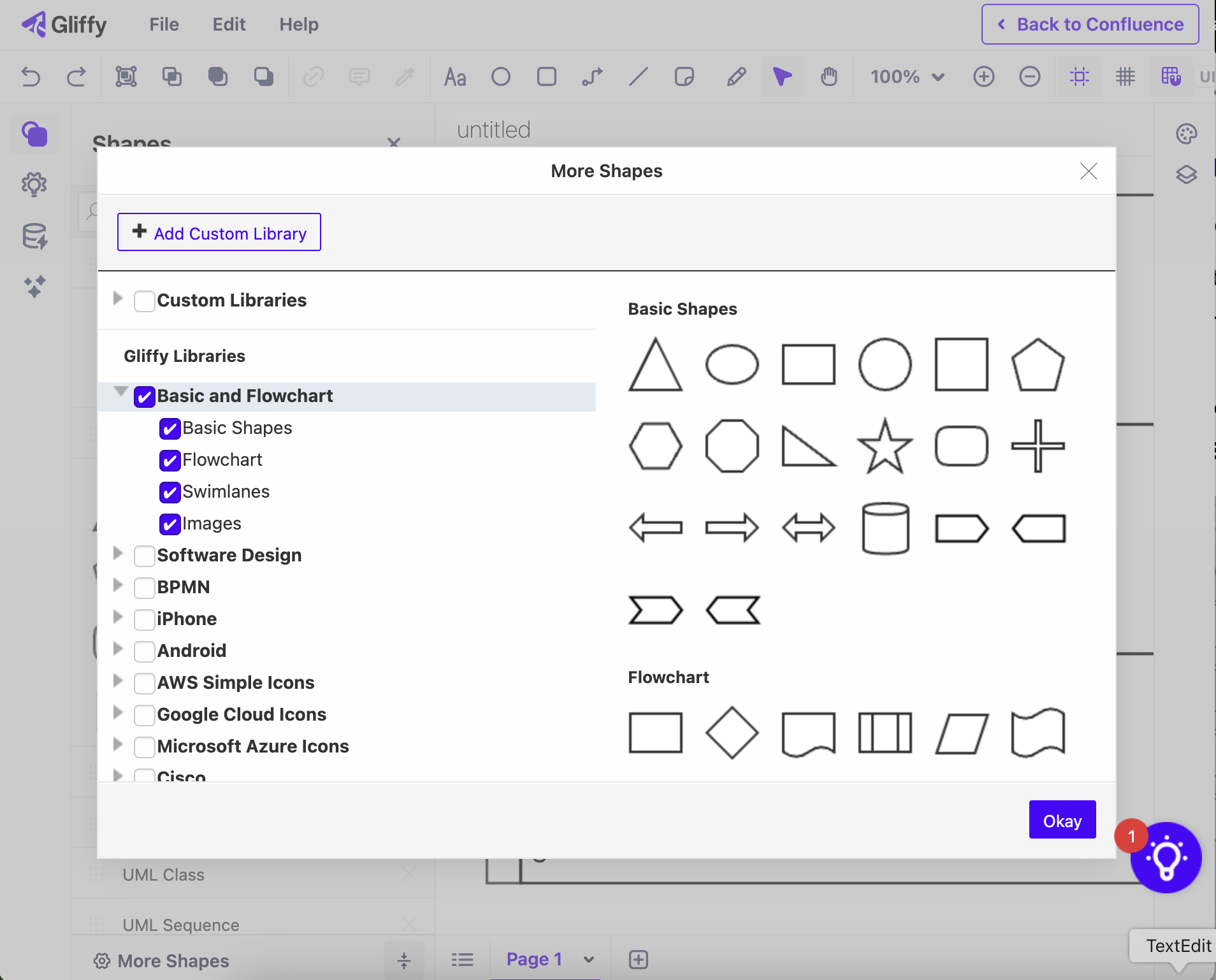 Where to select swimlane shape library in Gliffy